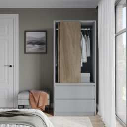 Urbn-Living Urbnliving 2 Sliding Doors Wardrobe 2 Drawer Bedroom Clothes Hanging Rail Grey Carcass With Oak Doors Storage Cupboard - thumbnail 3