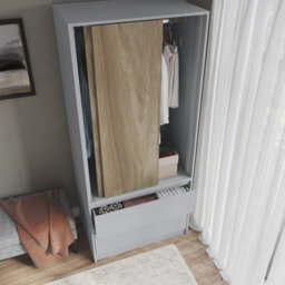 Urbn-Living Urbnliving 2 Sliding Doors Wardrobe 2 Drawer Bedroom Clothes Hanging Rail Grey Carcass With Oak Doors Storage Cupboard - thumbnail 4