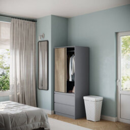 Urbn-Living Urbnliving 2 Sliding Doors Wardrobe 2 Drawer Bedroom Clothes Hanging Rail Grey Carcass With Oak Doors Storage Cupboard - thumbnail 2