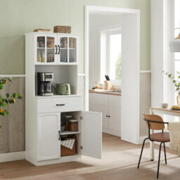Songmics Vasagle Pantry Storage, Modern Glass-Door Cabinet With Drawer And Adjustable Shelving, White - thumbnail 3