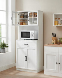 Songmics Vasagle Pantry Storage, Modern Glass-Door Cabinet With Drawer And Adjustable Shelving, White