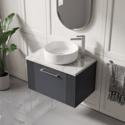 Balterley Belvide Partial Fluted 1 Drawer Wall Hung Vanity Unit With Bellato Grey Laminate Worktop - 600mm - Satin Soft Black - thumbnail 3