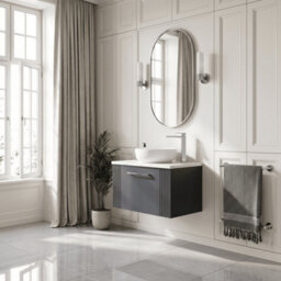 Balterley Belvide Partial Fluted 1 Drawer Wall Hung Vanity Unit With Bellato Grey Laminate Worktop - 600mm - Satin Soft Black - thumbnail 4