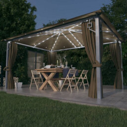 Berkfield Gazebo With Curtain&led String Lights 4X3 M Taupe Aluminium