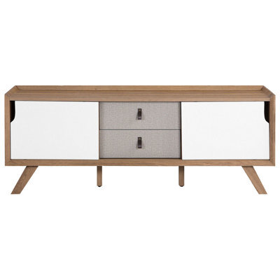 Wyld And Coco Novahome Sideboard 147 X 42 X 56 Cm, Light Brown Veneer With 2 White Sliding Doors And 2 Grey Drawers - image 1