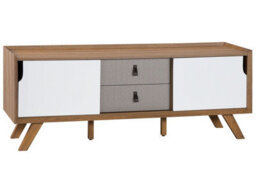 Wyld And Coco Novahome Sideboard 147 X 42 X 56 Cm, Light Brown Veneer With 2 White Sliding Doors And 2 Grey Drawers - thumbnail 3
