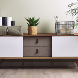 Wyld And Coco Novahome Sideboard 147 X 42 X 56 Cm, Light Brown Veneer With 2 White Sliding Doors And 2 Grey Drawers - thumbnail 2
