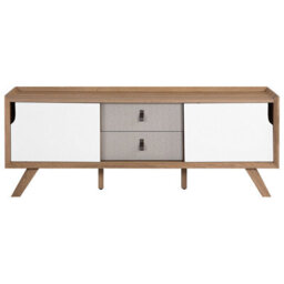 Wyld And Coco Novahome Sideboard 147 X 42 X 56 Cm, Light Brown Veneer With 2 White Sliding Doors And 2 Grey Drawers - thumbnail 1
