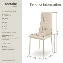 Tectake Set Of 8 Dining Chairs - High Backrest, Padded, Synthetic Leather   - Beige - thumbnail 6