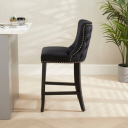 The Furniture Market Boudoir Black Velvet Button Back Kitchen Counter Bar Stool Wing Back Design Stud Detailing Black Legs Chrome Foot Bar - thumbnail 2