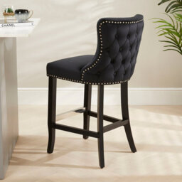 The Furniture Market Boudoir Black Velvet Button Back Kitchen Counter Bar Stool Wing Back Design Stud Detailing Black Legs Chrome Foot Bar