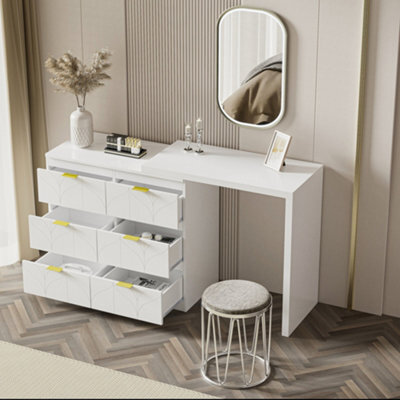 Matteo Elegant White Gloss Dressing Table With Rotating Top & 6 Gold Handle Drawers by B&Q | uFurnish.com Matteo Elegant White Gloss Dressing Table With Rotating Top & 6 Gold Handle Drawers by B&Q | uFurnish.com