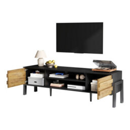 Btm Tv Stand 175 X 39.5 X 53 Cm With 2 Cabinets And Open Storage Natural Wood And Black For Up To 70 Inch Tv - thumbnail 8