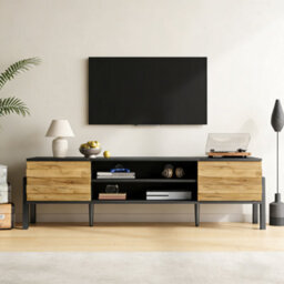 Btm Tv Stand 175 X 39.5 X 53 Cm With 2 Cabinets And Open Storage Natural Wood And Black For Up To 70 Inch Tv - thumbnail 3