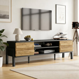 Btm Tv Stand 175 X 39.5 X 53 Cm With 2 Cabinets And Open Storage Natural Wood And Black For Up To 70 Inch Tv - thumbnail 2