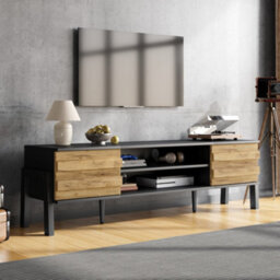 Btm Tv Stand 175 X 39.5 X 53 Cm With 2 Cabinets And Open Storage Natural Wood And Black For Up To 70 Inch Tv - thumbnail 7