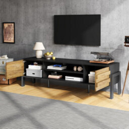 Btm Tv Stand 175 X 39.5 X 53 Cm With 2 Cabinets And Open Storage Natural Wood And Black For Up To 70 Inch Tv - thumbnail 6