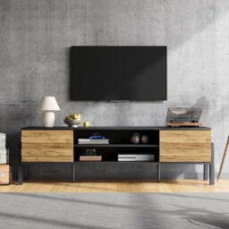 Btm Tv Stand 175 X 39.5 X 53 Cm With 2 Cabinets And Open Storage Natural Wood And Black For Up To 70 Inch Tv