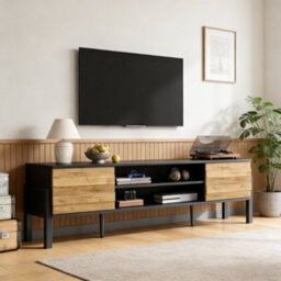Btm Tv Stand 175 X 39.5 X 53 Cm With 2 Cabinets And Open Storage Natural Wood And Black For Up To 70 Inch Tv - thumbnail 5