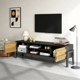 Btm Tv Stand 175 X 39.5 X 53 Cm With 2 Cabinets And Open Storage Natural Wood And Black For Up To 70 Inch Tv - thumbnail 4