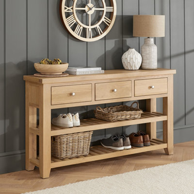 The Furniture Market Cheshire Whitewash Oak Large Console Table With Three Drawers - image 1