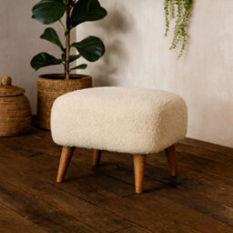 Wyld Haus Olbia Bouclé Square Footstool, Cream Cotton, Mango Wood Legs