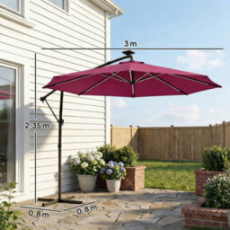 Outsunny 3 M Garden Cantilever Parasol With Solar Light, Rotation, Wine Red - thumbnail 3