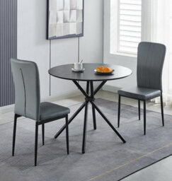 Hallowood Furniture Cullompton Small Black Round Dining Table 90Cm With 2 Light Grey Faux Leather Chairs - thumbnail 1