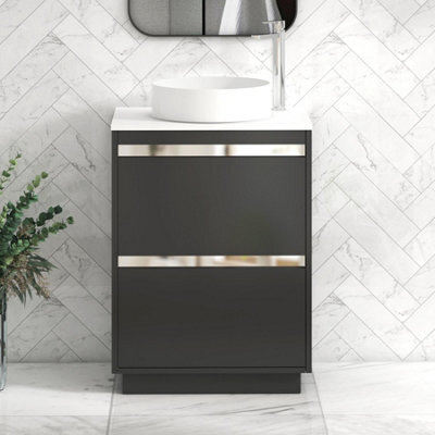 Royal Bathrooms Orion 600mm Matt Obsidian Black Floor Standing Plain White Countertop Vanity Unit 2 Drawer With Art Basin & Chrome Accent Trim - image 1