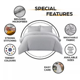 Ameha Silver Striped Microfibre Bedding Set Super King, Reversible & Breathable Duvet Cover, Fitted Sheet & Pillowcases - thumbnail 6