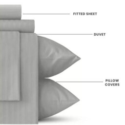 Ameha Silver Striped Microfibre Bedding Set Super King, Reversible & Breathable Duvet Cover, Fitted Sheet & Pillowcases - thumbnail 2
