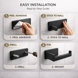 Billtix Black Toilet Roll Holder Wall Mounted, Self Adhesive Toilet Paper Holder, Stainless Steel Stick On Tissue Holder - thumbnail 3
