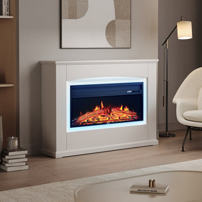 Living And Home Electric Fire Suite Black Fireplace With White Surround Set 7 Led Mood Light Adjustable Stove Size 34'' - image 1