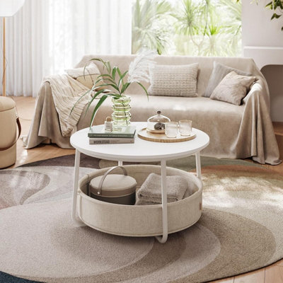 Modern Storage Center, Round Living Room Table With Fabric Basket, Matte White And Camel Brown - image 1