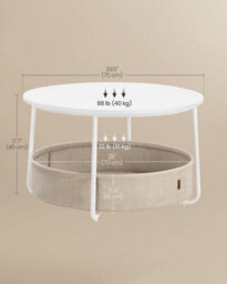 Modern Storage Center, Round Living Room Table With Fabric Basket, Matte White And Camel Brown - thumbnail 2
