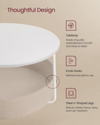 Modern Storage Center, Round Living Room Table With Fabric Basket, Matte White And Camel Brown - thumbnail 3