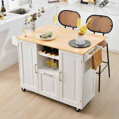 Costway Rolling Kitchen Trolley Cart Kitchen Island W/ Drop-Leaf Countertop-White - image 1