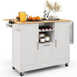 Costway Rolling Kitchen Trolley Cart Kitchen Island W/ Drop-Leaf Countertop-White - thumbnail 2