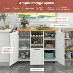 Costway Rolling Kitchen Trolley Cart Kitchen Island W/ Drop-Leaf Countertop-White - thumbnail 5