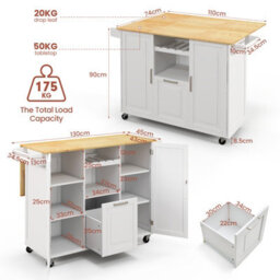 Costway Rolling Kitchen Trolley Cart Kitchen Island W/ Drop-Leaf Countertop-White - thumbnail 4
