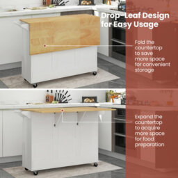 Costway Rolling Kitchen Trolley Cart Kitchen Island W/ Drop-Leaf Countertop-White - thumbnail 7