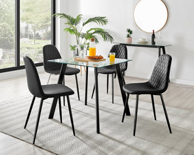 Furniturebox Seattle Scandi Inspired Glass And Black Metal Leg Square Dining Table & 4 Black Corona Faux Leather Black Leg Chairs - image 1