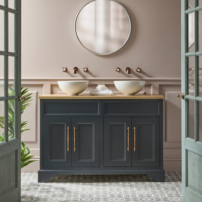 Homestylestore Black Grey And Oak 1210mm Bathroom Vanity Unit With 2 Round Countertop Basins And Brushed Copper T Bar Handles - image 1