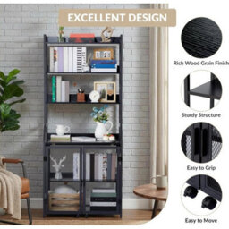 Bookshelf Desk W/ Storage Shelf Metal Bookcase Floor Standing Office Desk Black - thumbnail 3