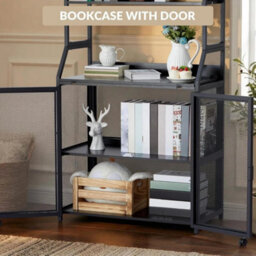 Bookshelf Desk W/ Storage Shelf Metal Bookcase Floor Standing Office Desk Black - thumbnail 6