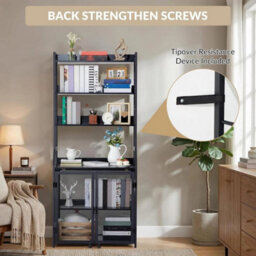 Bookshelf Desk W/ Storage Shelf Metal Bookcase Floor Standing Office Desk Black - thumbnail 4