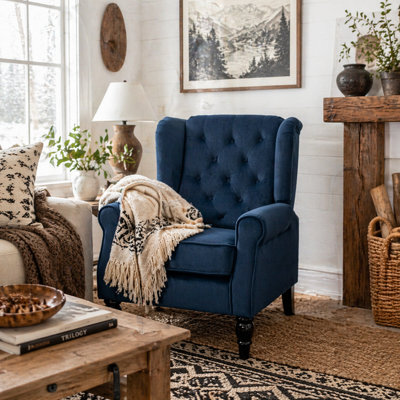 Wyld Haus Rake Dark Blue Retro Wingback Accent Chair With Button Tufting And Velvet-Effect Upholstery - image 1