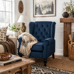 Wyld Haus Rake Dark Blue Retro Wingback Accent Chair With Button Tufting And Velvet-Effect Upholstery - thumbnail 1
