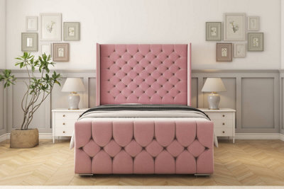 "Sloomy Luthor Pink Plush Bed Frame With Mattress With 50"" Upholstered Wingback Headboard 4'6 Double" - image 1