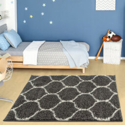 The Rugs Moroccan Shaggy Rugs And Runners Soft Fluffy Trellis Design High Pile Dark Grey And Ivory Living Room Kitchen Hallway 640 - thumbnail 5